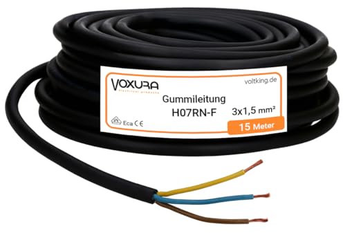 Voxura H07RN-F 3x1,5 mm² 15 Meter Gummileitung flexibel mit Schutzleiter 3G1,5 UV-resistent ölbeständig für Außenbereich Campingkabel Baustellenkabel
