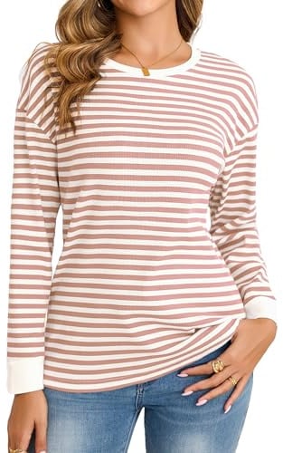 Totatuit T-shirt à Manches Longues Rayé en Coton Haut Col Rond Doux | Matière Douce, Tenue Quotidienne, Facile à Associer, Style Polyvalent