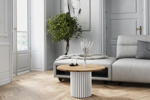 LOMELO – Runder Couchtisch im modernen Design (67x67x42 cm) (Weiß/Wotan)