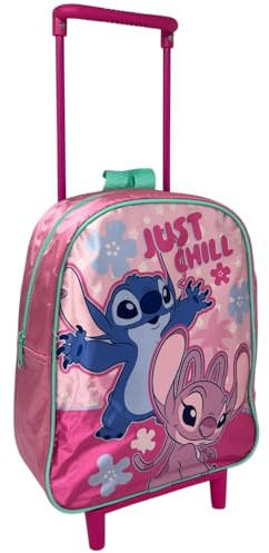 Mochila con carro bolsa para la escuela preescolar, mochila de 28 cm con ruedas y asa extensible, Stitch E Angel, 28 cm