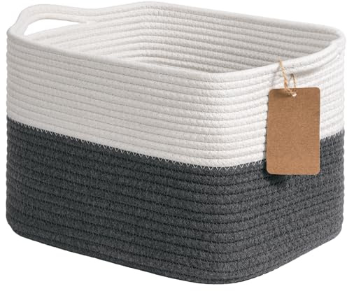 TIMEYARD Geflochtener Aufbewahrungskorb Baumwollseil 33x25x22.9cm Weiß Grau | Weicher Seilkorb mit Griffen für Babyspielzeug, Bücher und Kleinteile. Perfekt für Kinderzimmer und Regale