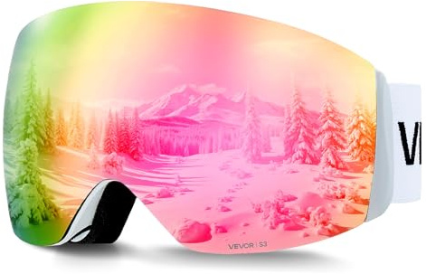 VEVOR Occhiali da Sci Maschera da Sci, Occhiali da Snowboard, Lenti Sferiche con Rivestimento Revo Rosa, Antiappannamento, Schiuma Strato Triplo, Montatura OTG, Maschera da Neve per Motocross