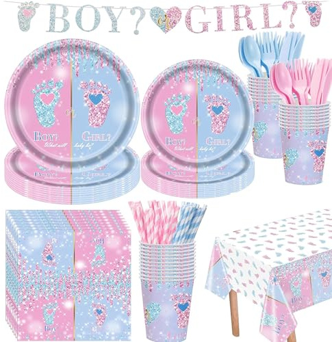 Gender Reveal Party Supplies Set for 24 Guests - Themed Paper Plates, Cups, Napkins, Cutlery, Tablecloth & Banner for Baby Shower Decorations - Blue Pink Boy or Girl Celebration Tableware