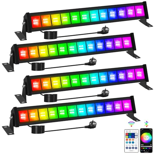 Proiettore RGB da Esterno 50W, T-SUNUS Faretto LED RGB Esterno con APP Bluetooth e Telecomando, Memoria Timer Impermeabile IP66, Barra LED per Scenari Party Festa Giardino 4 Pezzi