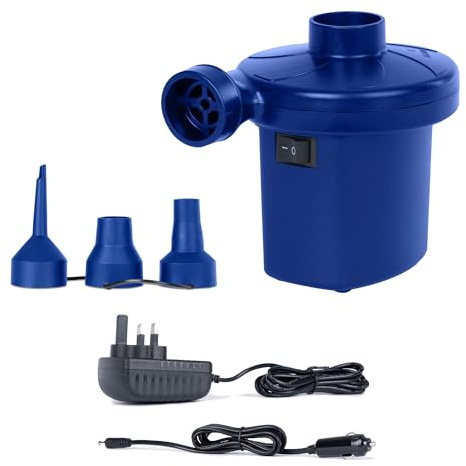 AirzzZ 240V Electric Air Pump with 3 Nozzle Sizes – Fast Inflate/Deflate for Air Beds, Inflatables, Camping Mattress, Pool Toys & Paddling Pools – Compact Mains-Powered Pump with UK Plug, Blue