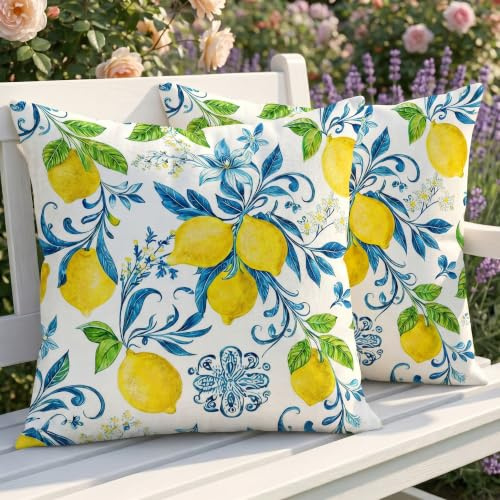 Luzzxfa 2er Set Outdoor Kissenbezug 40x40 cm Wetterfest Zitrone Dekokissen Zweiseitiges Muster Sommer Blumen Sofakissen Modern Kissen Leinen Kissenbezüge Dekorative für Sofa Garten Balkon Camping