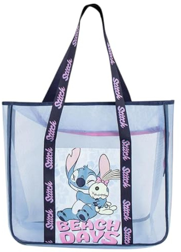 Bolsa de playa Stitch Disney Mujer Bolsa Playa Grande con Cremallera y Bolsillo Frontal Shopper Transparente Impermeable Bolsa Piscina Grande 62x39x20 cm Azul Verano Vacaciones