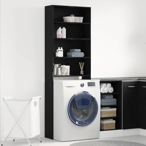 GeenYuu Armoire pour machine à laver - Noir - Aspect chêne - En bois - 64 x 24 x 190 cm - Avec espace de rangement pour sèche-linge, accessoires et organisation de la maison