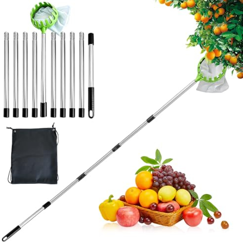 XPJBKC 4,2 m fruktplockare, äppelplockare med teleskophandtag, körsbärsplockare med bomullspåse diameter 16 cm, rostfritt stål plommonplockare fruktsamlare för körsbärspäron persika citrus