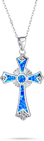 Bling Jewelry Antike Vintage Stil Edelstein Erstellt Blau Opal CZ Christian Ewigen Kreis Kreuz Anhänger Halskette Für Frauen .925 Sterlingsilber Oktober Geburtsstein
