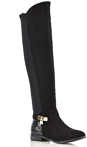 ESSEX GLAM Womens Over The Knee High Flat Low Heel Ladies Stretch Calf Leg Zip Casual Boots