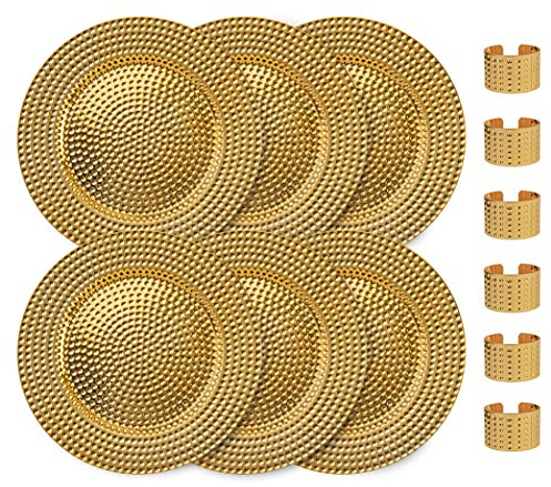 Home Collectives Assiettes de service rondes élégantes de 33 cm avec ronds de serviette assortis, mariage, dîner, événement – Choisissez parmi notre variété de styles et de quantités (6, or martelé)