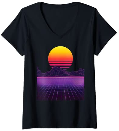 Damen Outrun Synthwave Vaporwave Ästhetik 80er Jahre Retro T-Shirt mit V-Ausschnitt