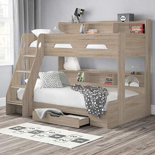 happybeds Wooden Bunk Bed, Orion Oak Triple Sleeper 3ft Single Top, 4ft Small Double Bottom Storage Drawer Frame Only
