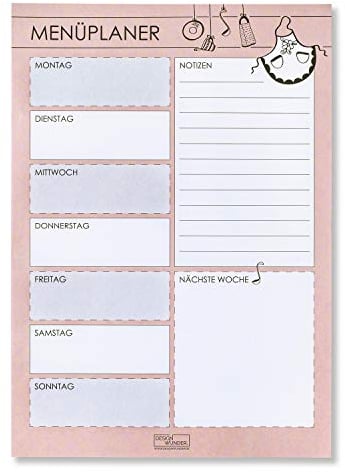 DESIGN WUNDER® Essensplaner zum Selberschreiben A4 [70 Blatt] - Menüplaner Block A4 für die ganze Woche – Essensplan als Wochenplan für Gerichte der Woche (Style)