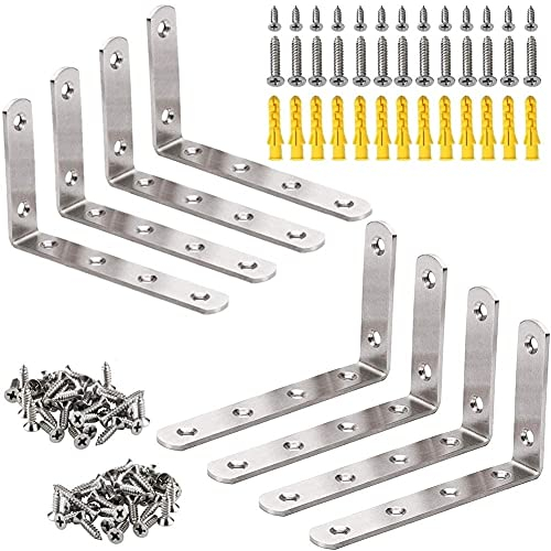 KAHEIGN 8Pcs Regalhalterung Edelstahl L-förmige 90 Grad Winkelverbinder Wandhalterung Regalträger 125 x 75 mm Winkelhalterung mit Schrauben und Expansionsrohr