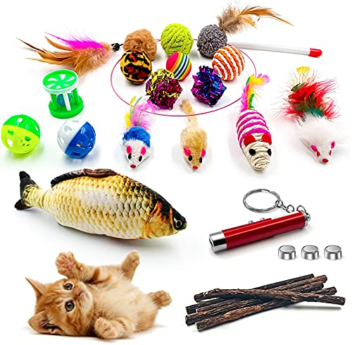 GaiusiKaisa Jouets Chat, 23 Pièces Lot de Jouets pour Chaton Intérieur, Jeu Interactif avec Baguette pour Chaton, Cataire Jouets Poisson, d'herbe à Chat Naturel Matatabi