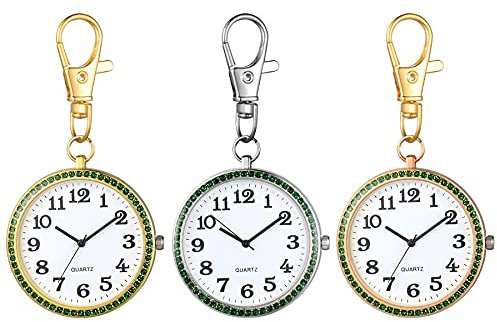 JewelryWe 3pcs Taschenuhr mit Karabiner Schlüsselanhänger Quarzuhr Analog Strass Uhr für Ärzte Krankenschwestern Sanitäter Köche Gold Weiß