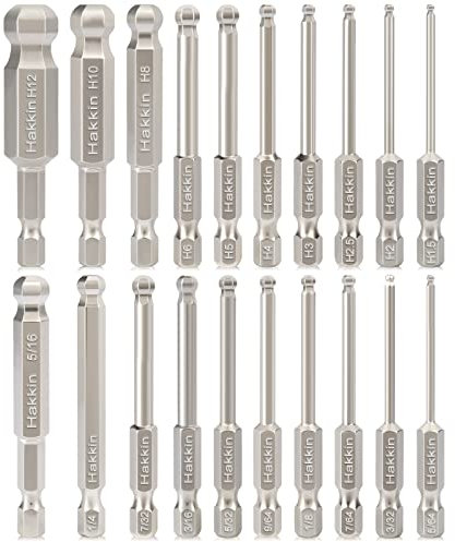 Hakkin 20pcs Ball End Allen Key Set 1/4 Hex Shank Wrench Screwdriver Drill Bit S2 Steel Magnetic Metric & SAE Hex Screwdriver Bits Set 65mm