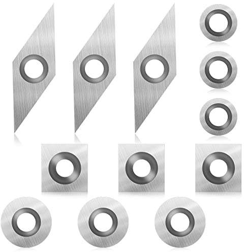 12 Pieces Tungsten Carbide Cutters Inserts Set for Wood Lathe Turning Tools Include 11 mm Square with Radius, 12 and 8.9 mm Round, 3 x 1 cm Diamond with Pointed Point