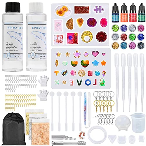 Elekin Epoxidharz Set Anfänger, 1:1 Verhältnis Glasklar Resin harz Gießen Set Epoxy Resin Silikonformen Mit Epoxidharz Zubehör, Farben, Folienflocken für Ohrringe Schlüsselbund Schmuckherstellung