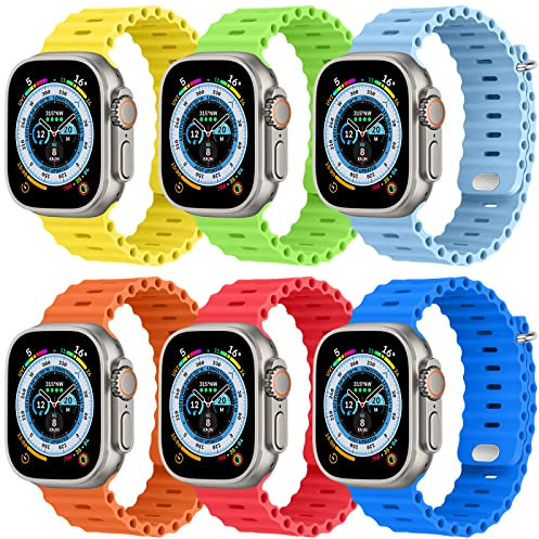 FENICHI Paquete de 6 correas Ocean para Apple Watch de 49 mm, 45 mm, 44 mm, 42 mm, 41 mm, 40 mm, 38 mm, correa de silicona suave impermeable para iWatch Ultra SE Series 8, 7, 6, 5, 4, 3, 2, 1 para