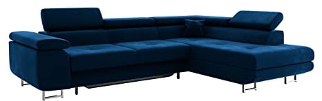 MEBLINI Schlafcouch mit Bettkasten - Ecksofa mit Schlaffunktion - Sofa mit Relaxfunktion und Kopfstützen - Couch L-Form - Eckcouch - Wohnlandschaft - Carl - 272x202x63cm Rechts - Blau Samt