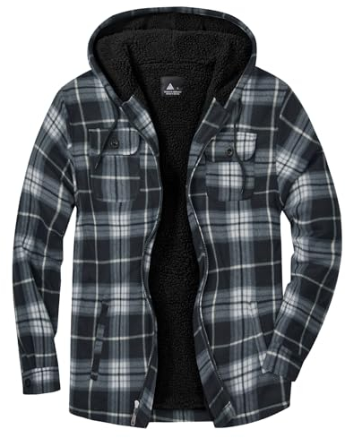zitysport Chemise Homme à carreaux Doublé Veste d'hiver Chemise thermique avec fermeture éclair avec capuche(130-noir,L)