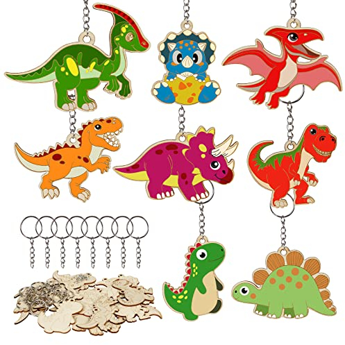 PATAZOK 16Stück Dino Schlüsselanhänger Kinder,Dinosaurier Holz zum bemalen,Bastelset Kinder Dino schlüsselanhänger basteln Handwerk anmalen Schlüssel Anhänger für Weinachts Geschenke Dino Party
