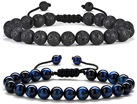 TINGN Herren Armband - Schwarze Lavastein Perlen, Verstellbar - Inspirierendes Geschenk für Männer