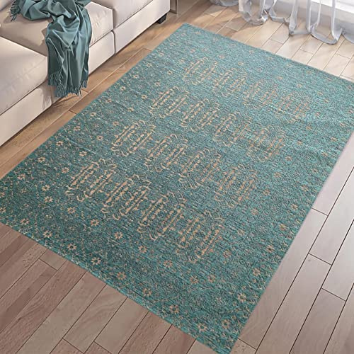 CARPETIA Teppich Schlafzimmer Exotisch Orientialisches Muster Hautsympathisch hochwertig | Petrol Gold, 135 x 200 cm