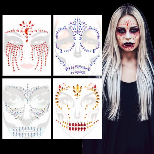 MELLIEX 4 Piece Gemas Pegatinas Cara, Horror Gemas Faciales Adhesivas Rhinestones Tatuajes Temporales Halloween para Scary Party Carnival Make Up