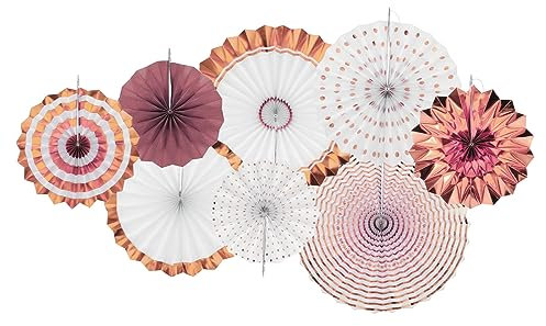 sourcing map Hanging Paper Fans Party Set 8Pcs Round Pattern Hanging Paper Fans Decoration for Home Shop Wall Birthday Wedding Graduation Events(Rose Gold White)