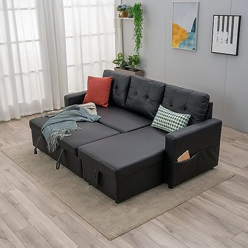 Panana L Shaped Corner Sofa Bed, 3 Seater Pull Out Sofa Bed Sleeper with Hidden Storage and Reversible Chaise, Black Faux Leather