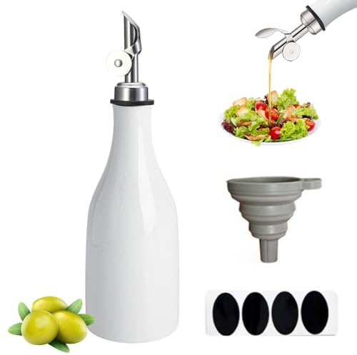 Qivine Oliera Salvagoccia, 300ml Bottiglia per Olio in Ceramica, Bottiglia Olio con Beccuccio, Imbuto e Etichette, Facile da Pulire, per Cucina, BBQ, Insalate, Bianco