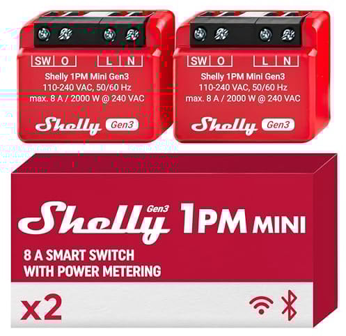 Shelly 1PM Mini Gen3 | WLAN & Bluetooth Smart Relais Schalter, 1 Kanal 8A mit Strommessung | Unterputz Lichtschalter | Alexa und Google Home | iOS-Android-App | Kein Hub erforderlich (2 Stück)