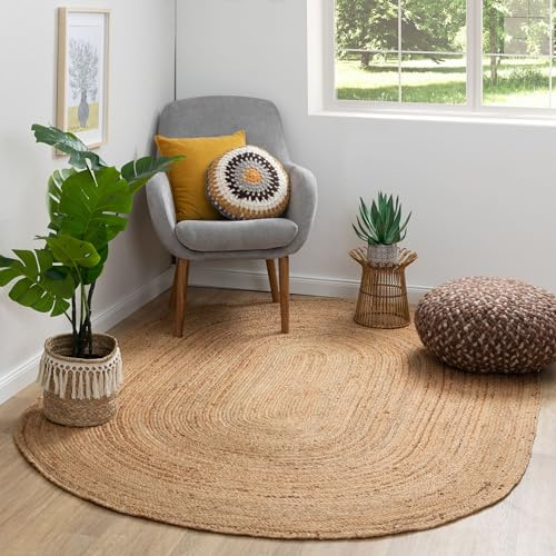 Steffensmeier Jute Teppich Goa | Oval | Wohnzimmer, Flur, Essbereich | handgeflochten, Größe: 70x130 cm