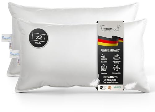 Traumwelt Natur Made in Germany 3-Kammer Daunen Kopfkissen 40x80 cm, weiß, Allergiker geeignet, Öko-Tex 100 Klasse 1 Zertifiziert, Downpass (2 Stück)