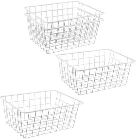 DAKFOOK 4 PCS White Wire Storage Baskets, 28 x 22 x 12cm Metal Freezer Baskets, Stackable Pantry Organizer Storage Basket for Bathroom, Office, Pantry, Freezer, Closet, Shelf