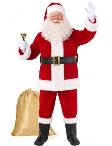 Boveco Weihnachts Weihnachtsmann Kostüm für Herren und Erwachsene, 11-teilig, Deluxe Samtanzug Outfit Weihnachten Weihnachtsmann Urlaub Party Cosplay
