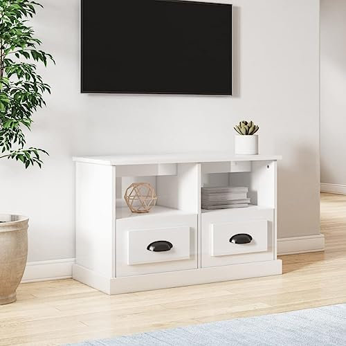 Natulvd 80cm TV Stand, Small Modern Corner TV Cabinet, Farmhouse TV Unit, 2 Tier Entertainment Center with 2 Drawers & Open Shelves (White Gloss)