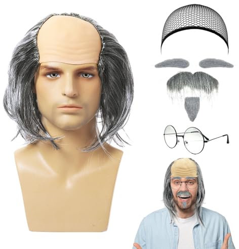 UILYNIU 7 Stück Opa Halbglatze Perücken Set Glatze Perücke Opa Perücke Schnurrbart Bart Augenbrauen Brille Perücken Kappe Opa Kostüm Herren Perücke Alter Mann Perücke Herren Kostüm Zubehör (7 Stück)