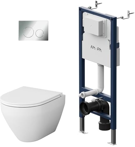 AM.PM - Hänge WC Komplettset, Vorwandelement WC Set Komplett (Prime Fit) + Wand WC Weiß ohne Spülrand (Spirit 2.0) + Runde Drückerplatte in Chrom + WC-Sitz mit Absenkautomatik, Toilette Komplett Set