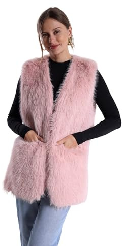 FunnyCos Veste en fausse fourrure de lapin pour femmes - Manteau sans manches avec col en V - Hiver - Doux et chaud avec poches, rose, L Taille tall