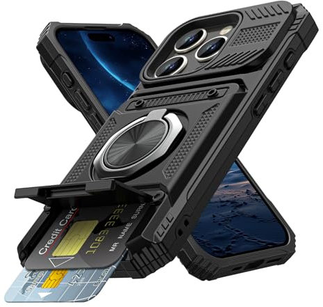 Coolden for iPhone 16 Pro Case with Card Holder [Max 2 Cards] Ring Kickstand Shockproof Military Grade Dual Layer Heavy Duty Protective Case Wallet Case Cover for iPhone 16 Pro Phone Case-Black