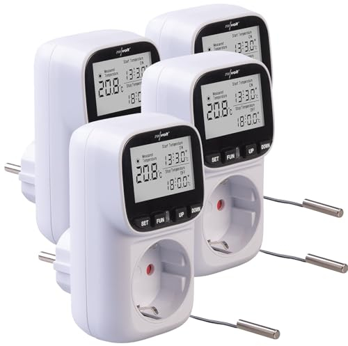 revolt Temperaturregler 230V: 4er-Set Digitale Steckdosen-Thermostate für Heiz & Klimageräte (Zeitschaltuhr Thermostat-Steckdose, Thermostat mit Fernfühler, Heizstrahler)