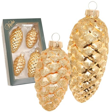 Krebs Glas Lauscha - Weihnachtsdekoration/Christbaumschmuck aus Glas - Tannenzapfen Set - Inhalt: 4 Stück - Farbe: Gold - Größe: ca. 8-10 cm