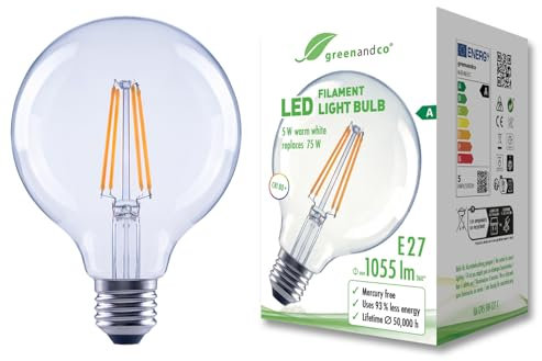greenandco Ampoule à filament LED | transparente | E27 G95 | 5W 1055lm | remplace 75W | 2700K blanc chaud | 320° | 230V | sans scintillement | Classe énergétique A | non-dimmable