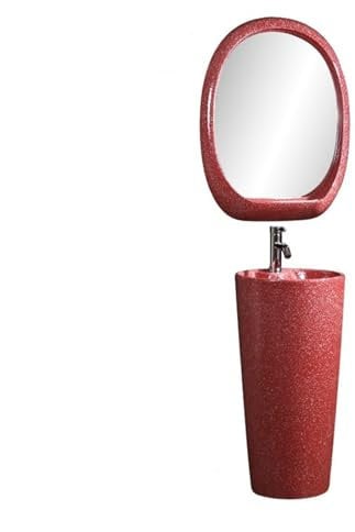 Modernes farbiges Waschbecken mit Überlaufloch, bodenstehendes Badezimmer-Waschbecken in Gelb – inklusive Ablauf-Set, Wasserhahn und Spiegel