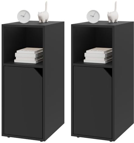 WOLTU 2er Set Nachttisch schmal, Beistelltisch mit offenem Fach und Tür, Verstellbarer Ablage, 25x62x35 cm, Nachtschrank Bett, Nachtkästchen Nachtkommode modern, für Schlafzimmer, Schwarz, NTS16sz-2